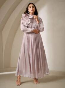 Anewsta 加大码女式长款连衣裙，春秋季腰部荷叶边闪亮优雅百搭 - 中紫紅色 - 查看 3