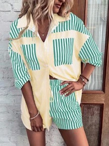 Breezaya Conjunto De Camiseta De Manga Corta Y Pantalones Sueltos Con Diseño De Bloques De Color A Rayas, Botones Al Frente Y Bolsillos Con Parche - Multicolor - Ver 5