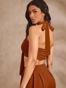 Hauture Camisola de mujer minimalista, de unicolor, sexy, con escote halter y amarre en la espalda