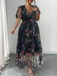 Auvina 女式 V 领提花泡泡袖系腰优雅连衣裙，春夏 - 彩色 - 查看 5