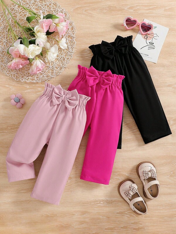 3 件套女婴优雅纯色 3D 蝴蝶结直筒裤，适合日常外出，春秋季