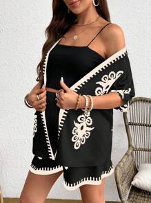 SHEIN Maternity Casual Contrast Color Jacket And Shorts Loose Suit - Black - View 3