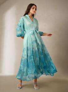 Anewsta 大码女式长款前开式数码印花休闲度假百搭中长连衣裙