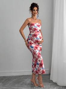 SHEIN Maternity Floral Print V-Neck Ruched Bodycon Elegant Dress - Burgundy - View 3