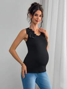 Momance Camiseta sin mangas con cuello redondo, decoración floral 3D y unicolor para maternidad