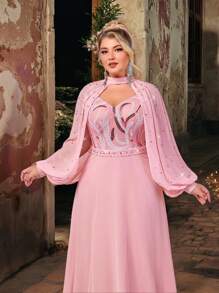 Plus Size Elegant Romantic Sweetheart Neck Detachable Sleeve Handmade Bead Decor Luxury Sequin Spliced Chiffon Big A-Line Hem Evening Gown, Summer - Pink - View 1
