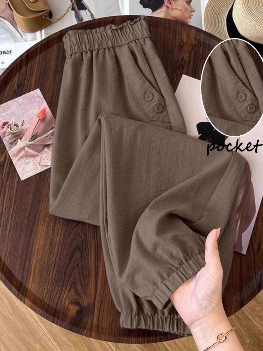 SHEIN LUNE CURVE 大码女式纯色荷叶边腰口袋弹性下摆休闲裤 - 棕色 - 查看 1