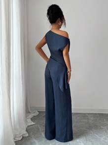 Elenzga 全新夏季两件套服装，适合旅行和拍照，优雅深海蓝色不对称肩上衣+高腰休闲裤 - 藍色 - 查看 2