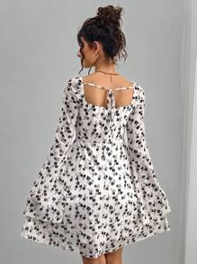 Momance Spandex Mesh Print Flare Sleeve Backless Bowknot Collar Maternity Dress - Multicolor - View 2