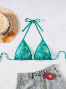 SHEIN Swim 女式夏季海滩度假水钻吊带露背系带比基尼上衣 - 綠色 - 查看 3