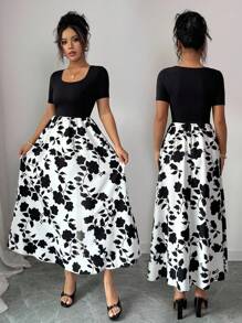 Breezaya Đầm chữ A in hoa thêu hoa tay ngắn cổ chữ U thanh lịch cho nữ - Nhiều màu - Xem 9