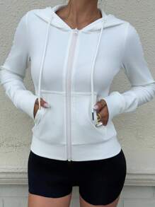 DAZY 女士修身连帽长袖运动夹克，秋季女装外套 - 白色 - 查看 5