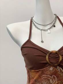 SHEIN EZwear Áo Y2k Vintage Grunge Country Concert Retro In Lưới Halter Cổ Hở Lưng, Nhìn Xuyên Qua - màu nâu - Xem 5