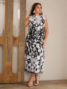 Anewsta 加大码女式长款无袖花卉刺绣连衣裙，奢华优雅的女士晚礼服 - 黑與白 - 查看 6