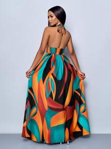 SOLERSUN 女式休闲假日深 V 领露背褶饰开衩大腿长裙，带植物印花 - 紅色 - 查看 2