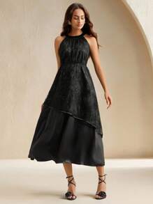 Anewsta Rochie elegantă și la modă, neagră, cu broderie groasă din dantelă, model patchwork, pentru doamne, de vacanță - Negru - Vizualizare 7