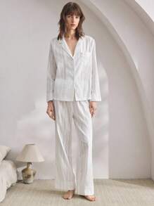 Ocili Leisure 1 Set Women's Natural Comfort Non-Stretch Crinkled Linen Long Sleeve Top And Full Length Pants Sleepwear Pajamas Set, Fall Winter Clothes Cozy And Elegant Details - Beige - View 4