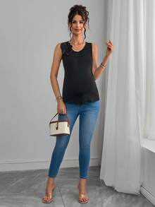 Momance Camiseta sin mangas con cuello redondo, decoración floral 3D y unicolor para maternidad