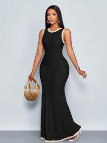 SOLERSUN Women's Slim Fit Round-Neck Color Block Cross-Over Contrast Waist Straps At Back Sexy Graceful Maxi Dress With Color Block Splicing Detail,Casual Resort Style,Suitable For Vacation - Black - View 7