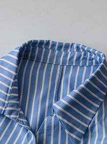 Franclia 不对称腰部修身条纹长袖女衬衫 - 藍色 - 查看 7