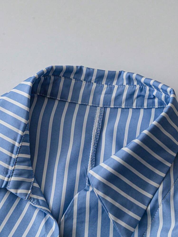 Franclia Asymmetrical Waist Slimming Striped Long Sleeve Blouse Women Shirt - Blue - View 7