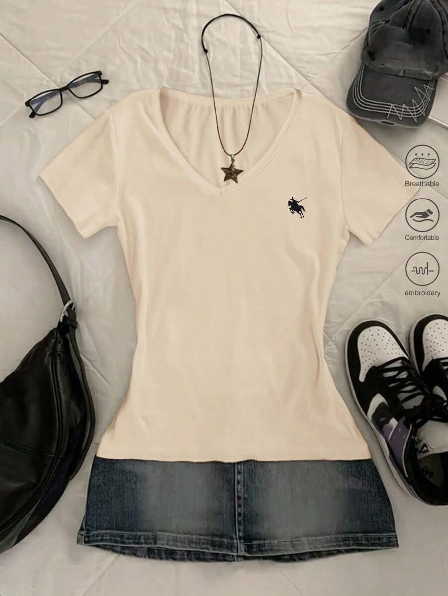 SHEIN Áo thun nữ cổ chữ V thêu họa tiết mùa hè thoải mái đa năng - Màu be - Xem 1