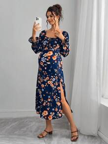Momance 花卉印花侧开衩连衣裙，孕妇海滩度假连衣裙 - 彩色 - 查看 1