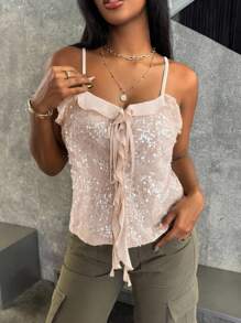 Damen Pailletten Sichtbare Spaghettiträger Trägertop, lässige Außenkleidung für den Sommer