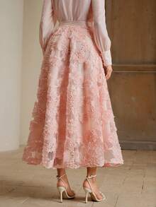 Anewsta 2025新款3D花朵装饰A字形薄纱优雅长裙 - 粉色 - 查看 2