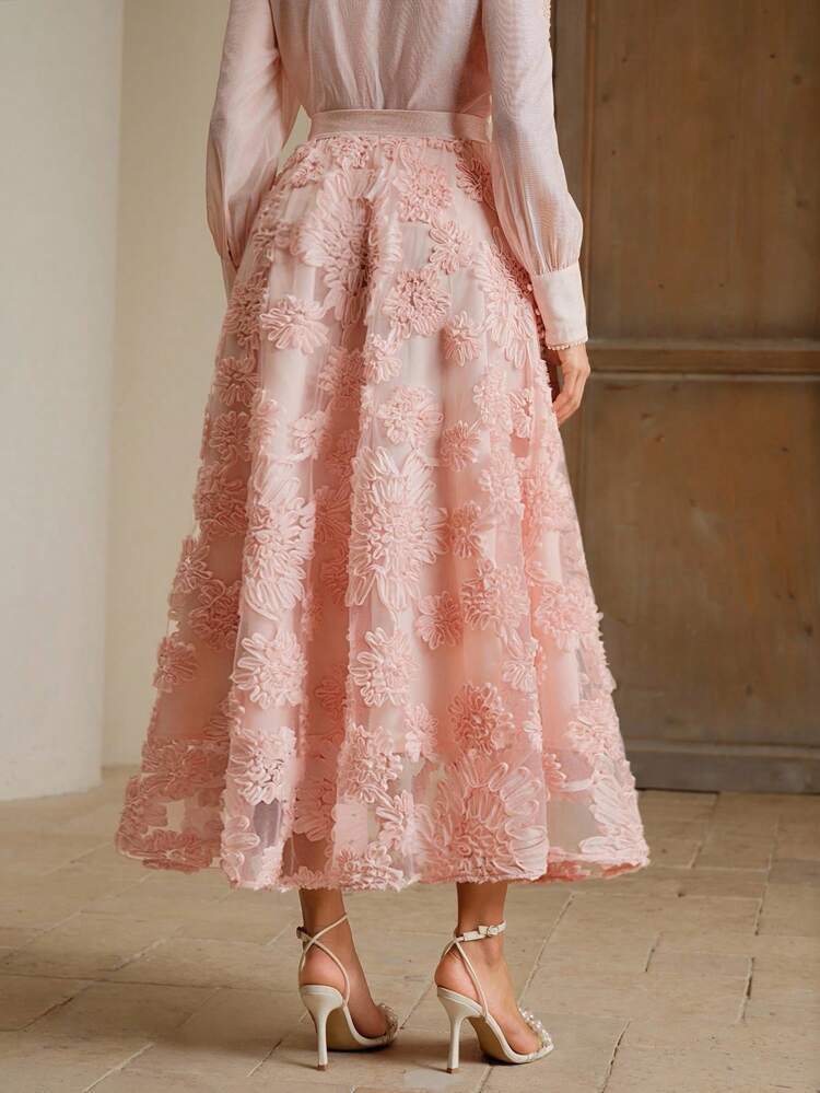 2025年新作 3Dフラワーデコレーション Aライン チュール エレガントロングスカート