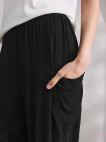 Ocili 休闲柔软舒适棉质垂坠阔腿裤，带口袋，女士家居服，秋季 - 黑色 - 查看 7