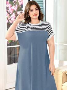 SHEIN Lacomfia Plus Size Summer Casual Striped Patchwork Dress - Blue - View 4
