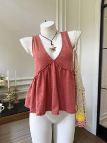 Comfortcana 女式度假休闲针织无袖雪花装饰T恤 - 紅木色 - 查看 5