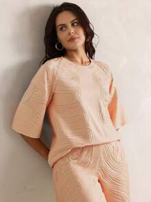 Anewsta Plus Size New Tang Dynasty Style Embroidered Round Neck Short Sleeve Elegant Urban Top, Suitable For Summer, Casual, Holiday, Beach, Elegant, Party - Champagne - View 4