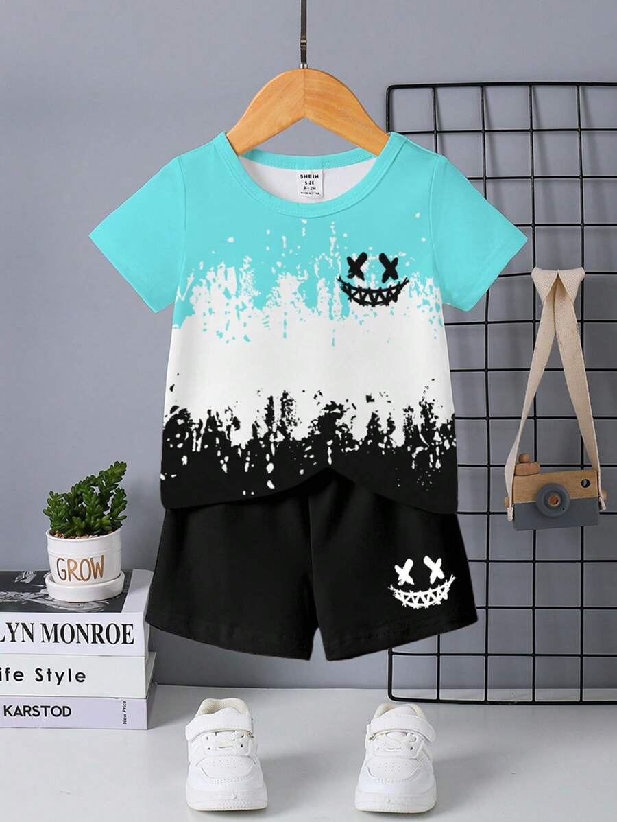 2 Pieces Baby Boy Fashion Tie-Dye Gradient Face Print Short Sleeve T-Shirt And Face Print Shorts Set, Suitable For Outings In Summer - Multicolor - View 1