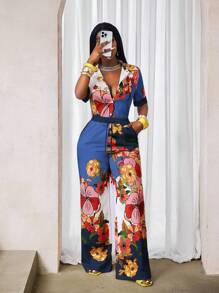 BamGleam 2件套女士节日花卉印花短袖衬衫和阔腿裤套装 - 藍色 - 查看 5