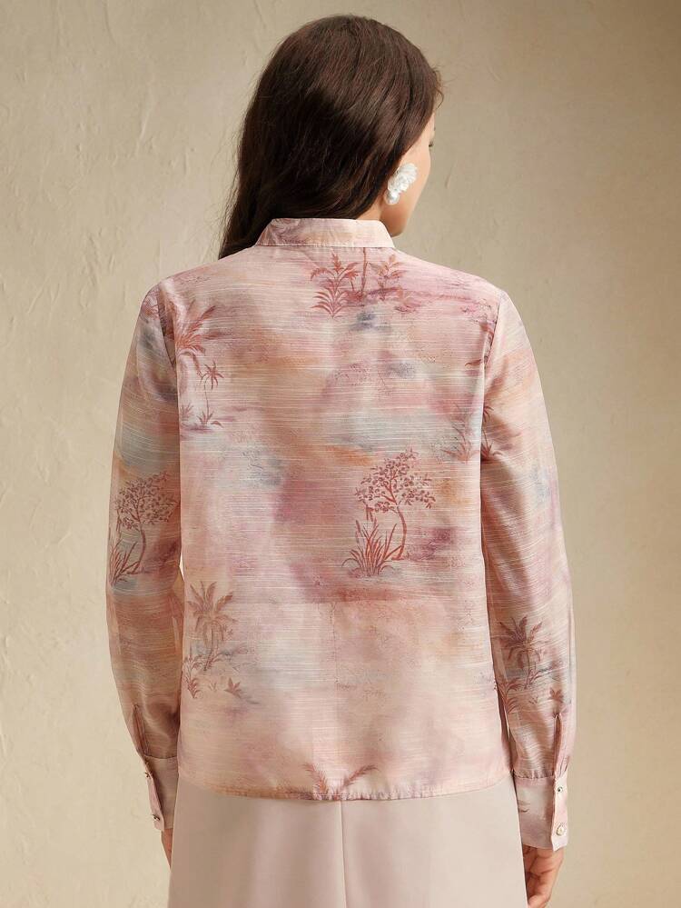Women Stand Collar Button-Up Long Sleeve Blouse