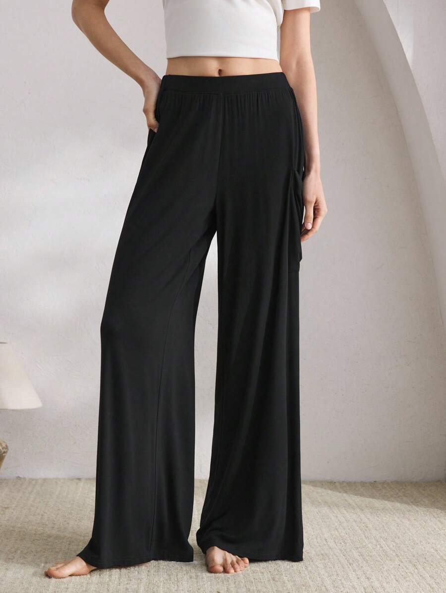 Ocili 休闲柔软舒适棉质垂坠阔腿裤，带口袋，女士家居服，秋季 - 黑色 - 查看 1