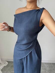 Elenzga 全新夏季两件套服装，适合旅行和拍照，优雅深海蓝色不对称肩上衣+高腰休闲裤 - 藍色 - 查看 4