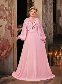 Plus Size Elegant Romantic Sweetheart Neck Detachable Sleeve Handmade Bead Decor Luxury Sequin Spliced Chiffon Big A-Line Hem Evening Gown, Summer - Pink - View 2