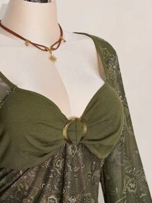 SHEIN ICON Women's Bohemian Holiday Paisley Print T-Shirt, Asymmetric Hem, Bell Sleeves, Vintage Y2k, Fall Boho Tops For Women Olive Green Top Paisley Top Bohemian Top Bell Sleeve Top,Back To School Bohemian Tops