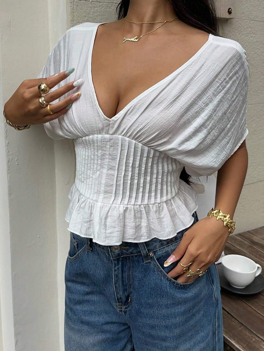 SHEIN EZwear 女式纯色深V领短款蝙蝠袖性感短款衬衫 - 白色 - 查看 1