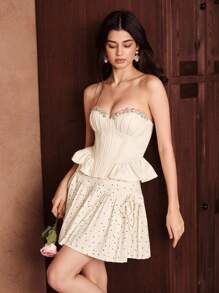 Savoree Fashionable And Elegant Polka Dot Pleated High Waist Bow Mini Skirt For Women, Summer - Apricot - View 1