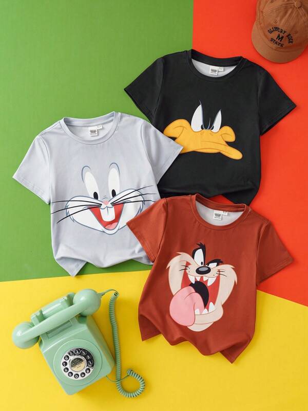 LOONEY TUNES X SHEIN Set de 3 camisetas con patrones de conejo, monstruo y pato de dibujos animados lindos para niño pequeño, estilo deportivo y casual, apropiado para el verano