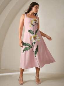 Anewsta Plus Size Women Luxury Vacation Style Spaghetti Strap Sexy Backless Pearl Flower Pattern Gown, Party Dress