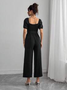 Momance 时尚方领短袖系带连体裤 - 黑色 - 查看 2