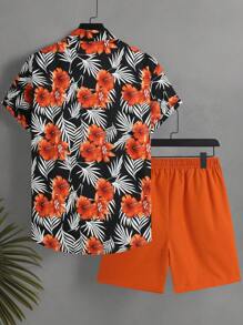Surfspeed Men's Tropical Print Casual Shirt & Shorts Set, Vacation Outfit Men Vacation Short Sets Men Hawaii Outfit Short Set Men Flowers - Orange - View 3