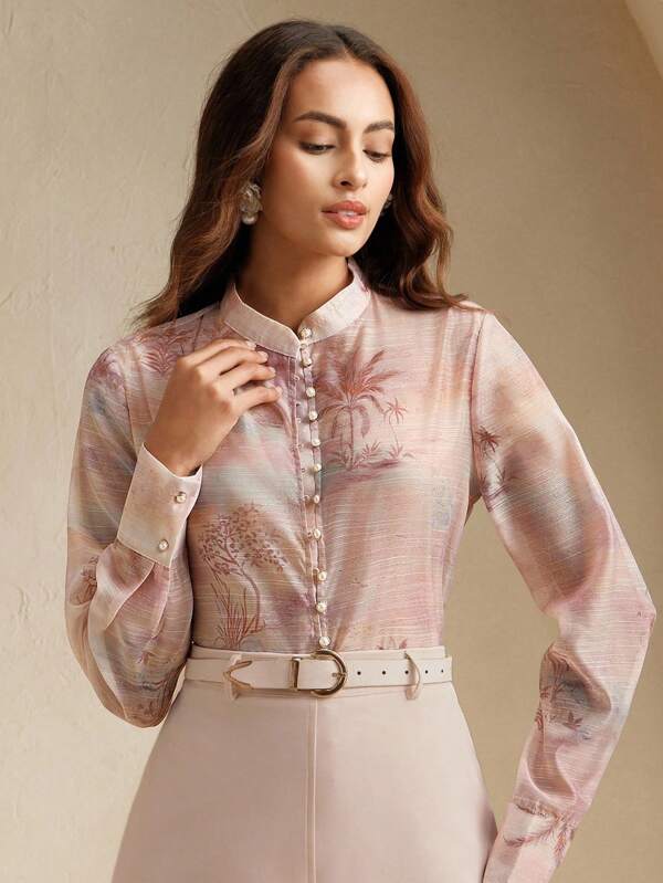 Anewsta Women Stand Collar Button-Up Long Sleeve Blouse