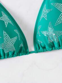 SHEIN Swim 女式夏季海滩度假水钻吊带露背系带比基尼上衣 - 綠色 - 查看 5