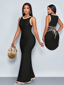 SOLERSUN Women's Slim Fit Round-Neck Color Block Cross-Over Contrast Waist Straps At Back Sexy Graceful Maxi Dress With Color Block Splicing Detail,Casual Resort Style,Suitable For Vacation - Black - View 1